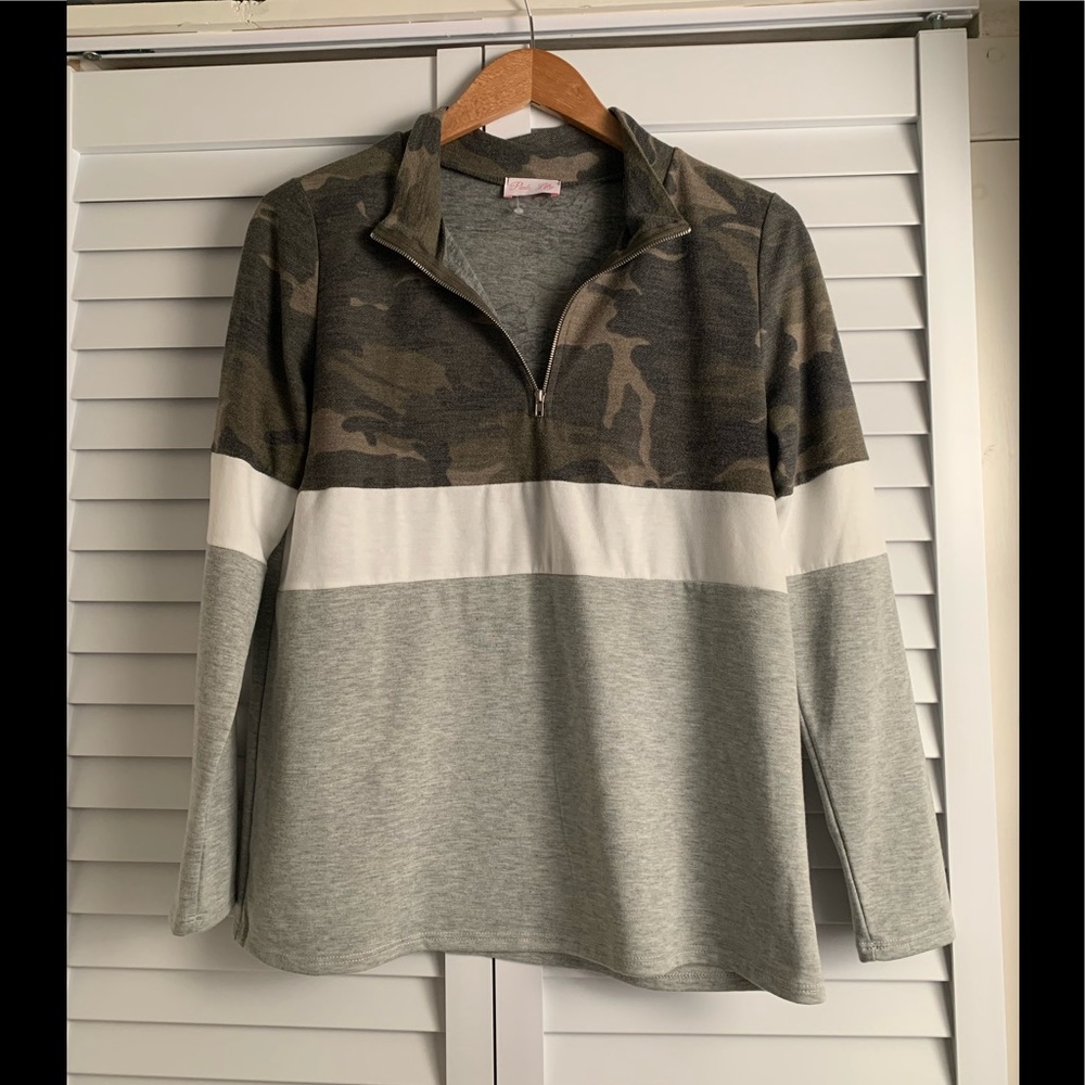 Pink Lily 1/4 Camo Zip Up Top